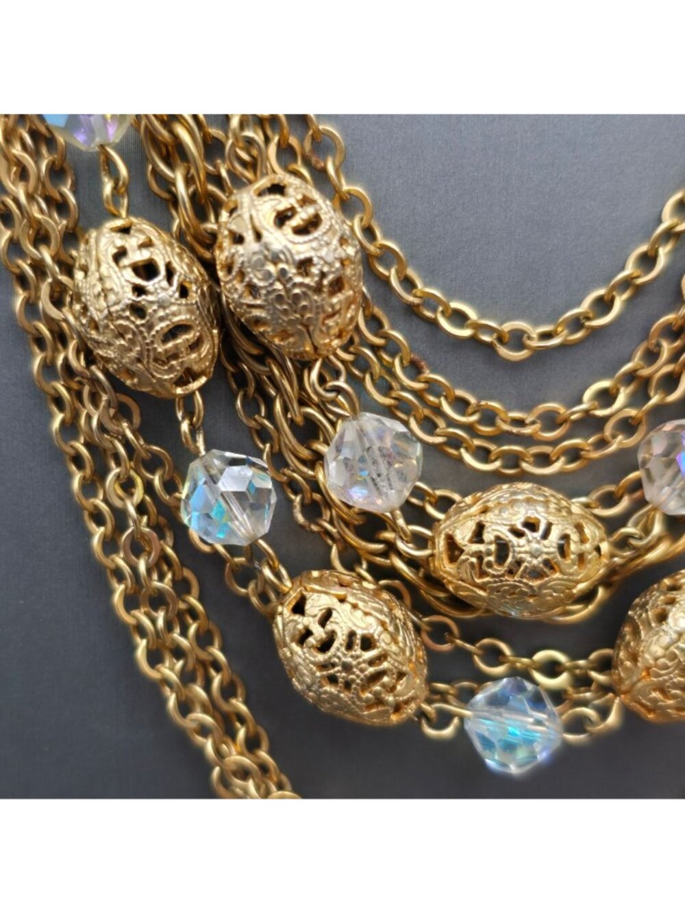 Vintage Gold Tone AB Crystal Multichain Necklace Bracelet Set Demi Parure - Picture 6 of 16